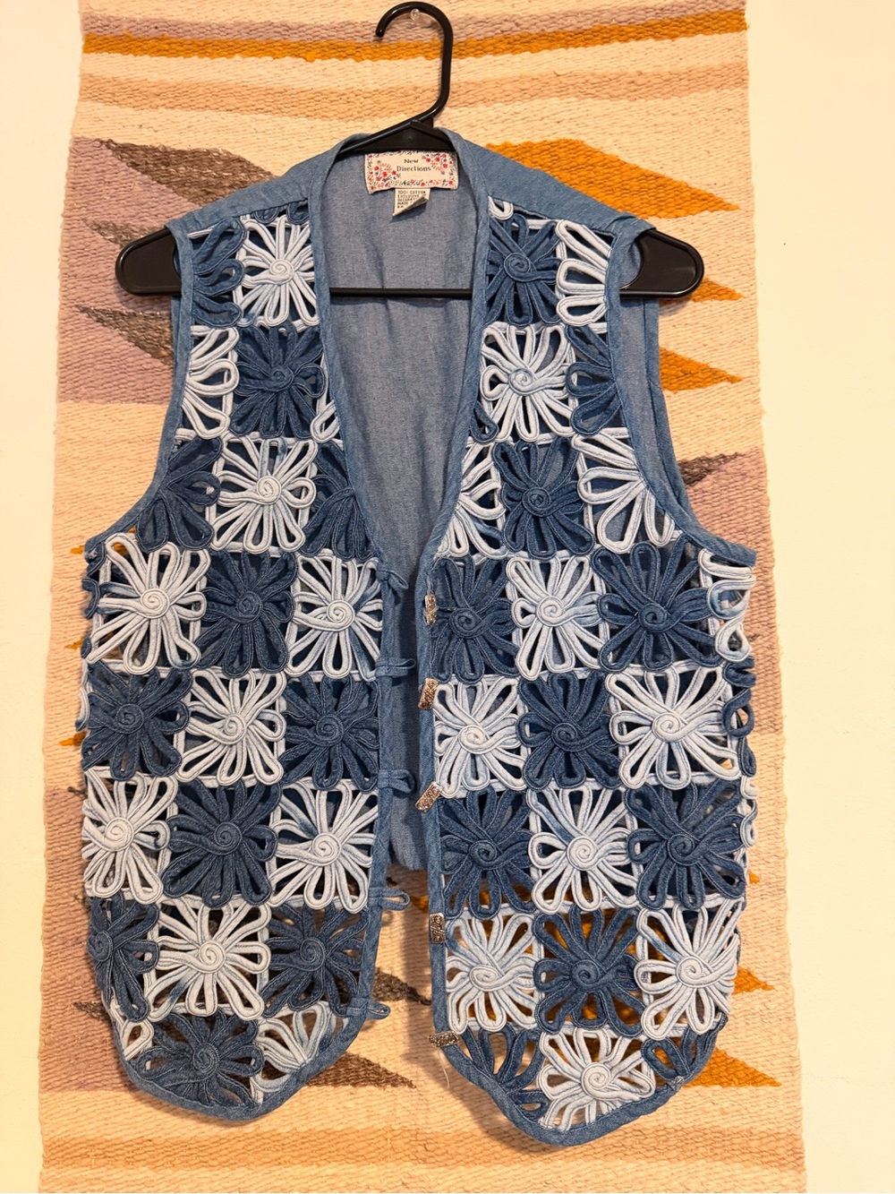 New Directions Chambray Button-Up Shirt in Light Blue with Floral Trim